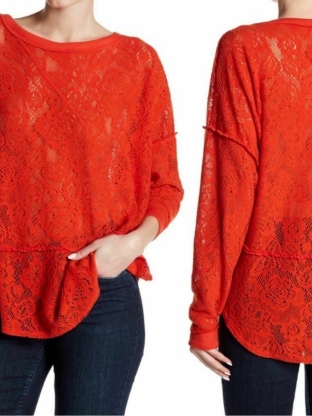 Free People Sheer Lace Pullover - Bright Orange